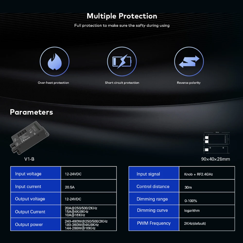 V1-B Dual knob LED Dimmer With Digital Display DC 12V 24V PWM Adjustable Frequency 2.4G RF Remote Control Single Color LED Strip