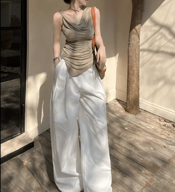 

Y2K Tops Woman 2025 Summer Sexy Spicy Girl Swinging Collar Sleeveless Tank Top Niche Irregular Hem Sexy Tight Top Versatile Tops