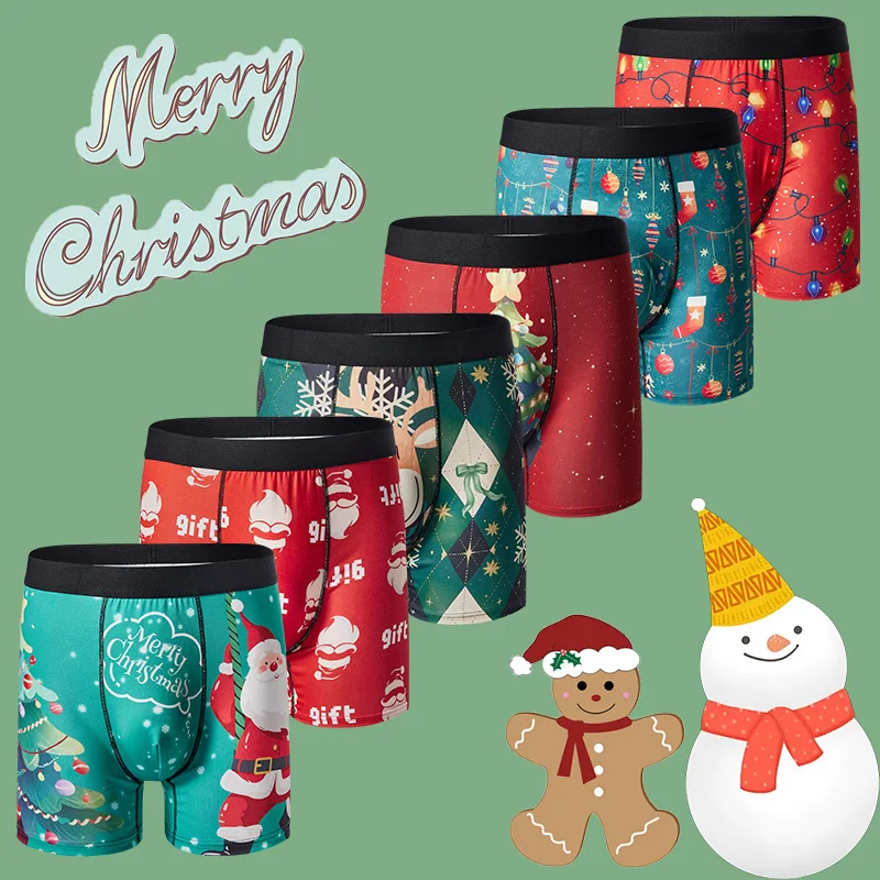 New Christmas men\'s underwear printed with European and American breathable atmosphere Christmas boxer shorts long legs men