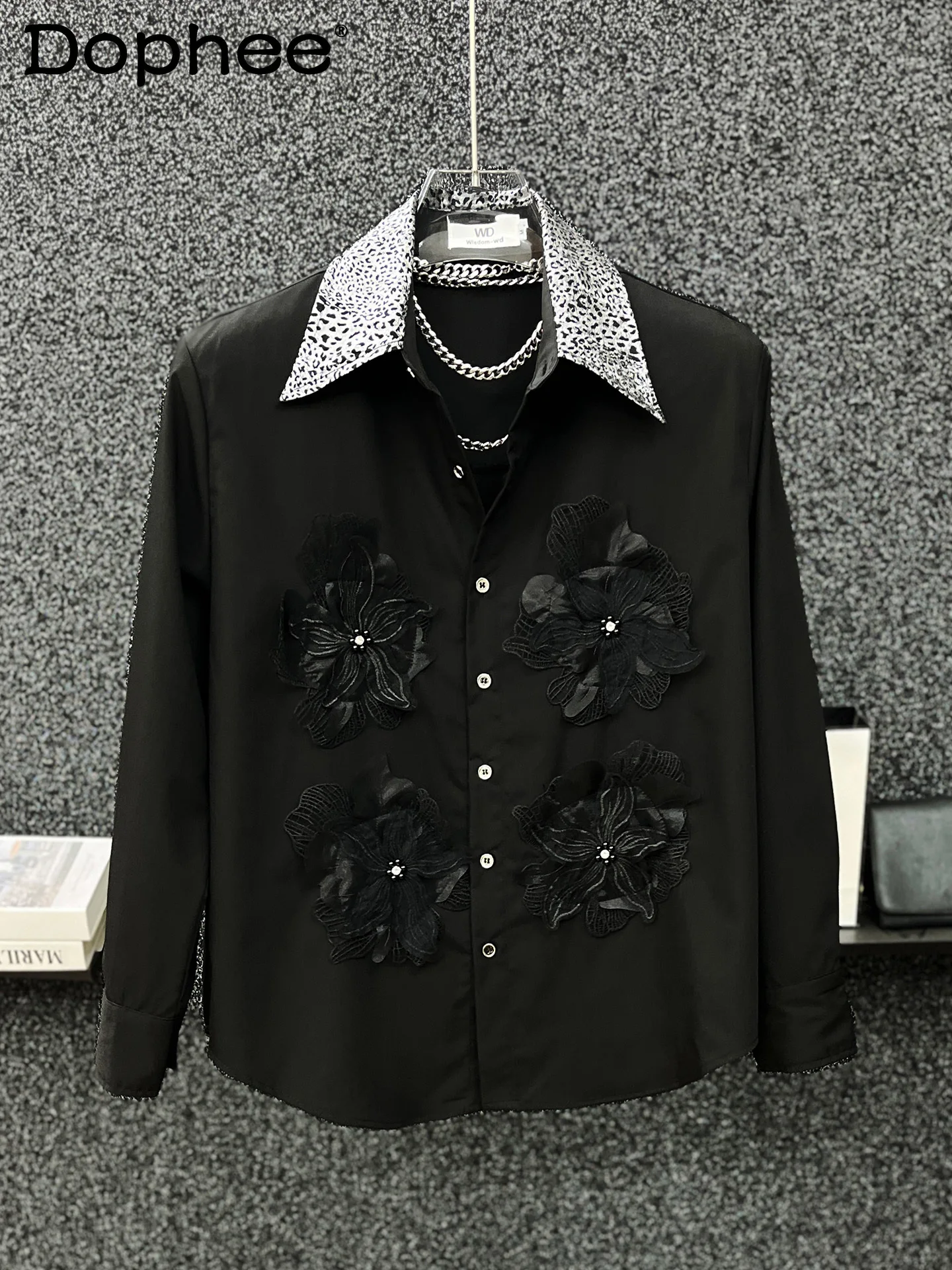 

Fashion High-end Splicing Embroidered Lapel Shirt Handsome Boys Loose Casual Korean Version Long-sleeved Shirt