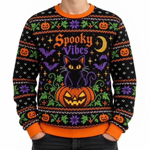 Ugly Halloween Sweater Kids Crewneck Sweatshirt Unisex Adult Youth Autumn Spooky Season Party Cute Black Cat Pumpkin Pullover