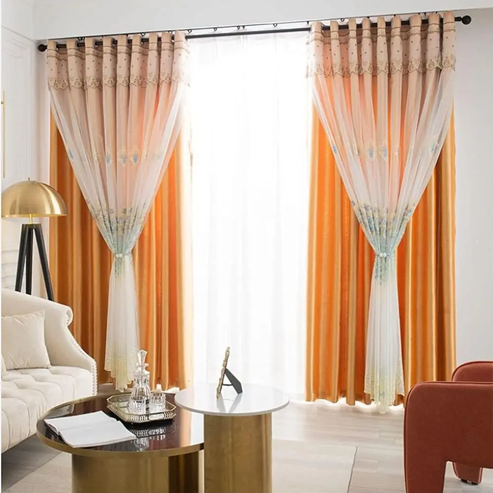 1 Panel 132cm width European Double Layered Curtain for Living Room Bedroom Luxury Embroidered Curtain