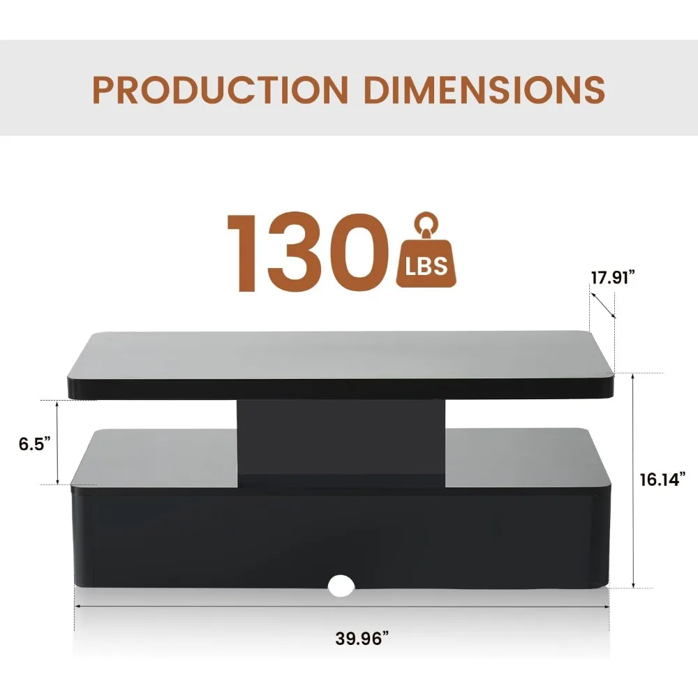 Mesa de centro moderna, mesas de centro de 40 polegadas com luzes LED de 16 cores, mesa central retangular de 2 camadas, grande espaço de armazenamento, H