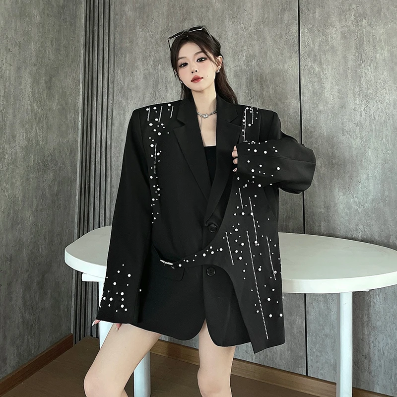 SuperAen chaqueta negra con muescas otoño nuevo asimétrico bordado bengalas diseño diamantes cintura suelta abrigo a medida