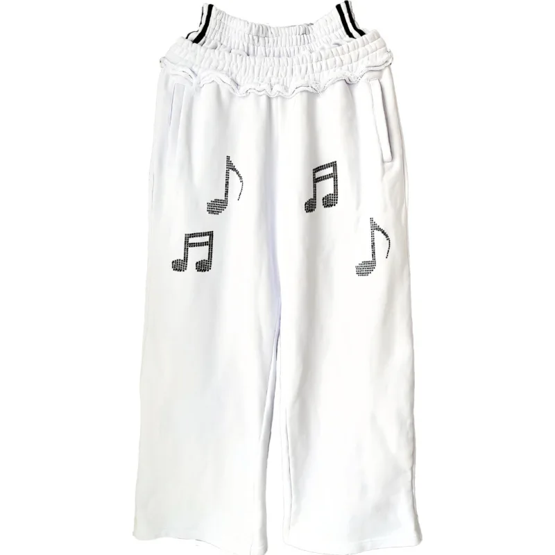 Hip hop casual women's loose wide leg sweatpants with double waist side strips and note hot diamond details Y2K street pants