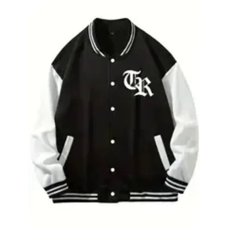 Letter print flaming skull pattern varsity jacket, men's casual color block button up jacket spring fall baseball