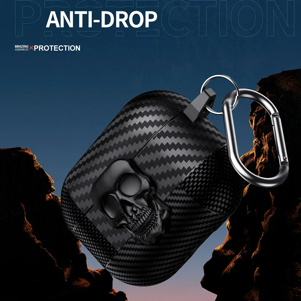 Unique Skull Rotating Lock Design Carbon Fiber Texture Earphone Case For Apple AirPods Pro 4 3 2 Headphone Cover With Carabiner view 5