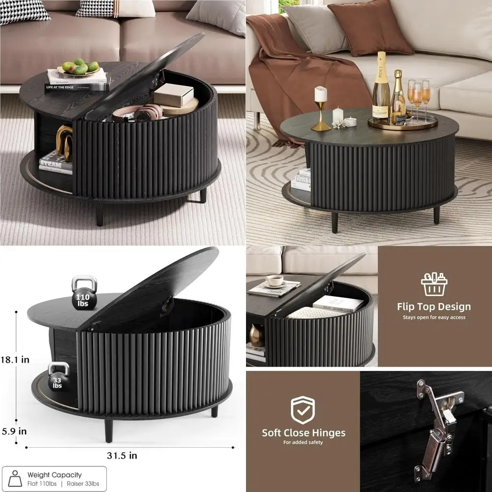 

Mid-Century Modern Fluted Coffee Table with Storage for Living Room, Hidden Compartment Feature