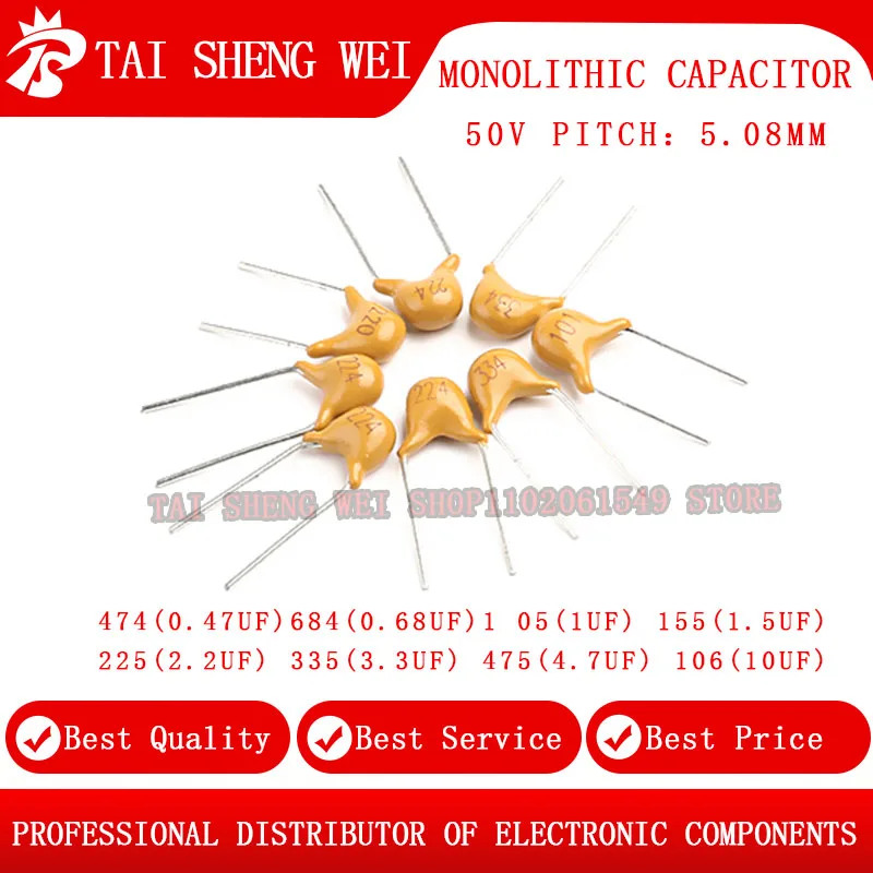 

50pcs 50V Monolithic capacitor 474 0.47UF 684 0.68UF 105 1UF 155 1.5UF 225 2.2UF 335 3.3UF 475 4.7UF 106 10UF