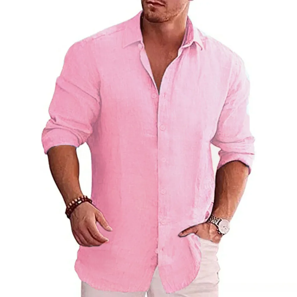 New men\'s cotton linen autumn hot long-sleeved shirt solid colour versatile casual resort style men\'s shirt tops