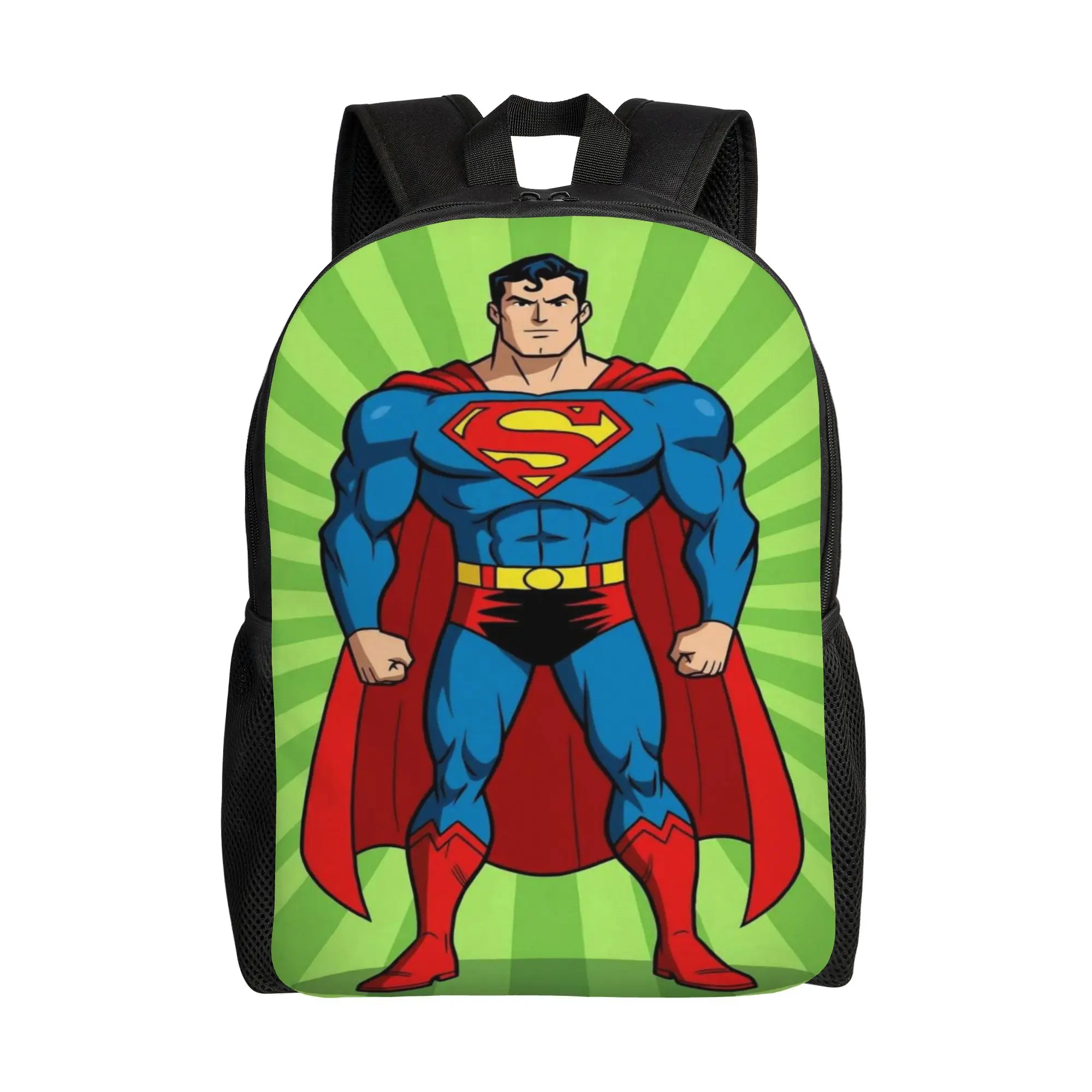 Back to school season Green Burst Retro Standing Superman Art Rucksack  High School Students Adjustable Strap Backpack