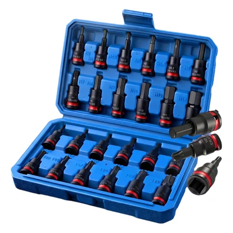 3/8 Inch Drive Impact Bit Socket Set S2 Alloy Steel Hex & Torx Sockets H3-H14 T10-T60 CR-V Black Phosphate Pinhole Case Metric