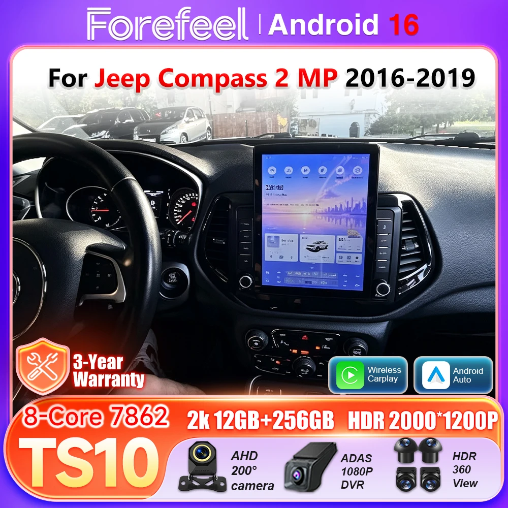 9.7'' Android 16 Auto Car Radio For Jeep Compass 2 MP 2016 2017 2018 Carplay BT 5G Wifi Video Multimedia Player GPS DSP Stereo