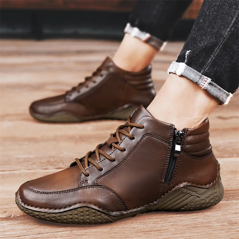 

Men's Casual High Top Leather Boots Brown Retro Style Comfortable Non-slip Side Zipper Lace-up Ankle Boots for Men Walking Shoes