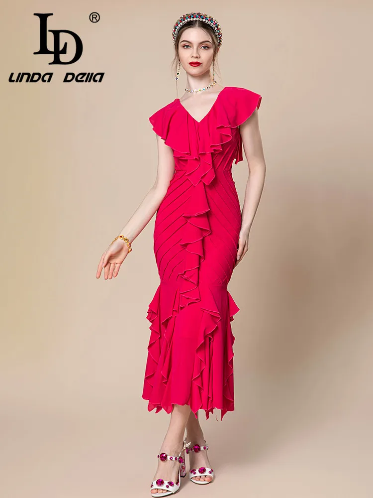 Imagem -02 - Linda Della-vestido para Mulheres Rosa Vermelho Decote em v Slim Fit Plissado Listrado Irregular Viagem Moda Verão ld