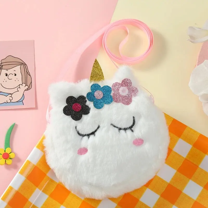 Bolso cruzado para niños, monedero de dibujos animados de unicornio de peluche, bolso cruzado con flores para niña, bolso de hombro portátil para cien