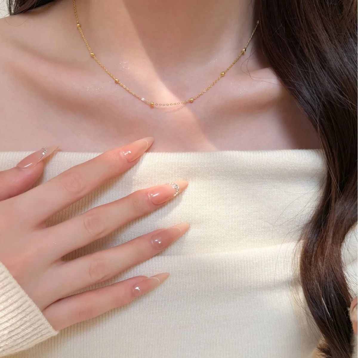 Luxurious 24K 9999 pure gold women's personalized and versatile sparkling bead necklace