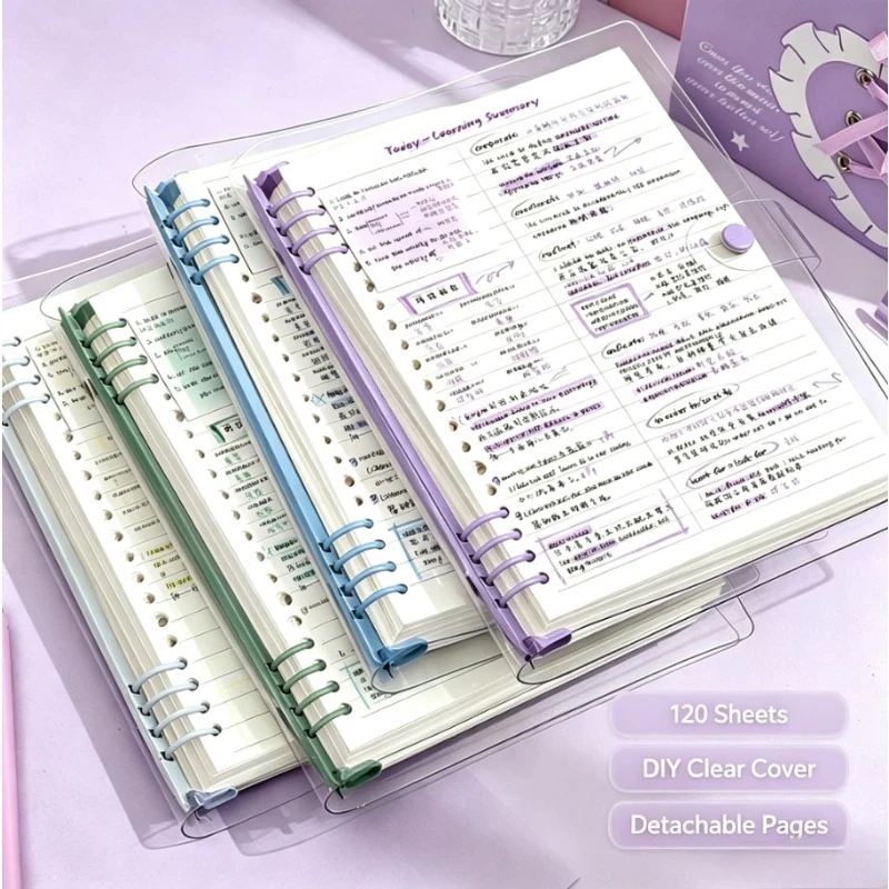 60 sheets of 120-page transparent soft leather loose-leaf notebooks with detachable ring covers and horizontal lines A5