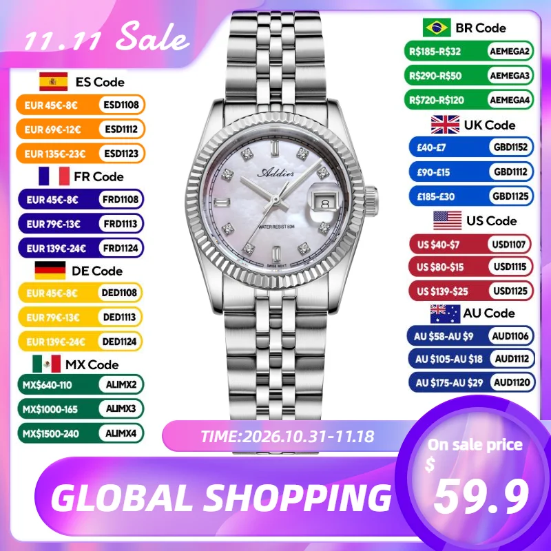 Addies 28mm Ladies Watch Movement Quartz Watch Sapphire Glass 50m Waterproof Sport 316L Stainless Steel Pearl Dial Watch Women