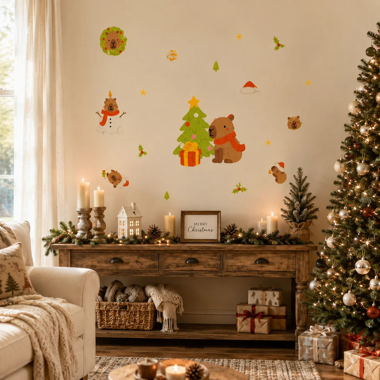 Christmas Static Cling Window Decals, Capybara Cartoon Holiday Stickers, Reusable No‑Residue Glass Decorations