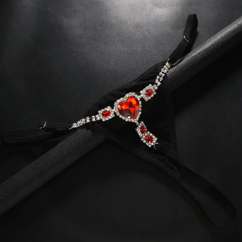 أحمر القلب ثونغ كريستال G سلسلة سراويل للنساء مثير حجر الراين بيكيني الديكور النسيج الأسود ثونغ أسفل 2024 اكسسوارات #2