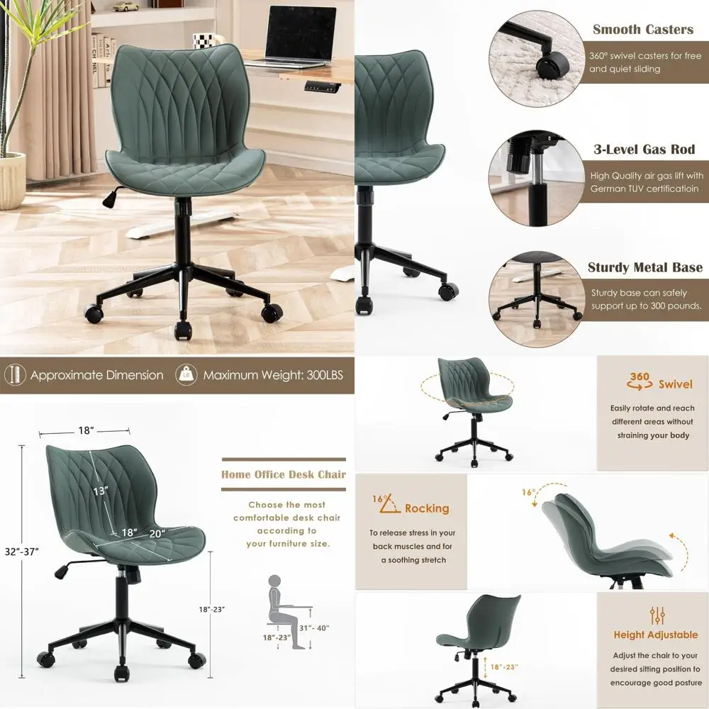 

Ergonomic Armless Office Chair with Wheels, Comfortable Home Computer Task Chair, Adjustable Modern Faux Leather Seat