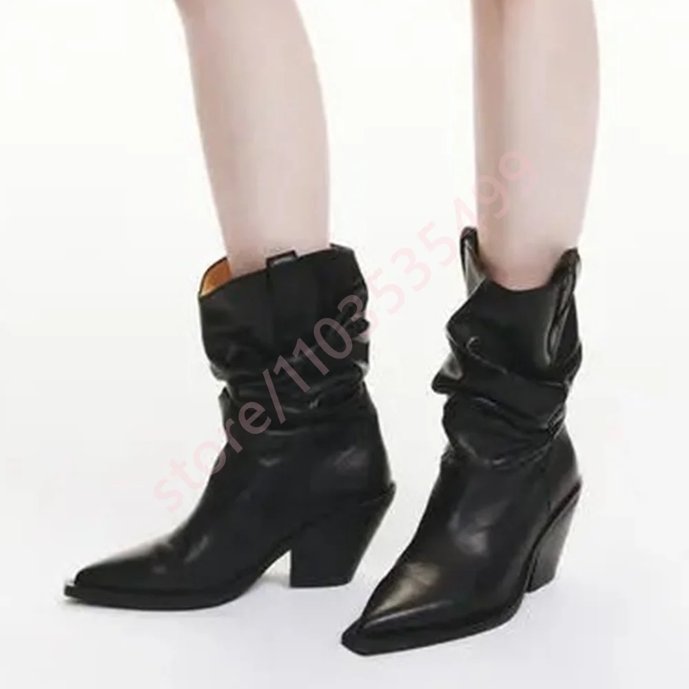 

Pointed Pleated Thick Heel Western Boots 2025 Autumn New Elegant Women's Party Short Boots Street Fashion Casual Chelsea Boots