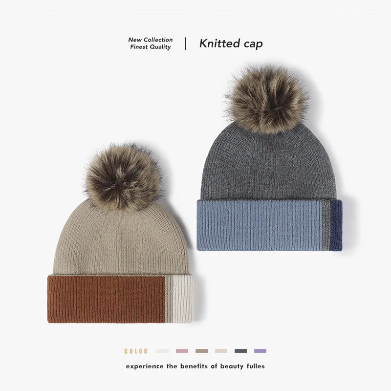 

Knitted Color Blocked Woolen Ball Autumn and Winter Women's Velvet Cold Hat Outdoor Warm Thickened Versatile Woolen Hat