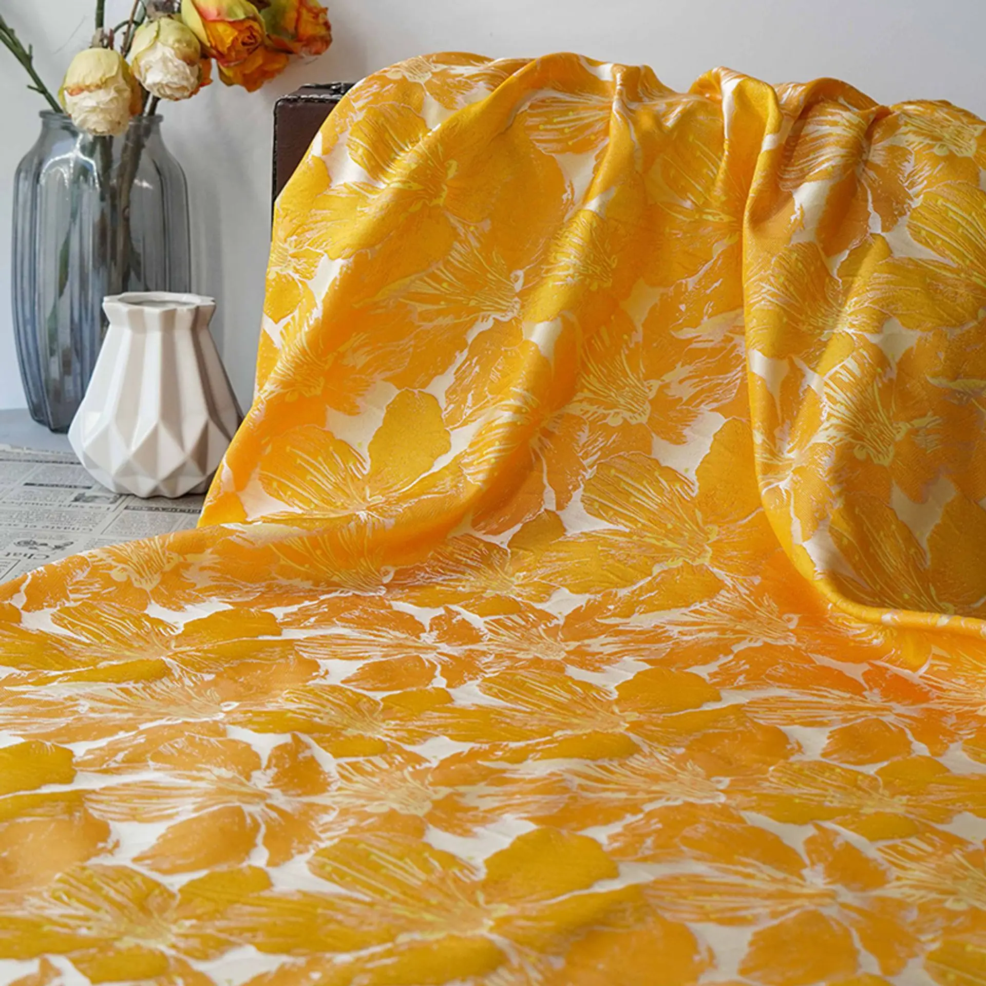 

3D Embossed Floral Orange Yellow Yarn Dyed Jacquard Fabric Elegant Gown Dress Shirts Cushion Cover Decorative Sewing Fabric