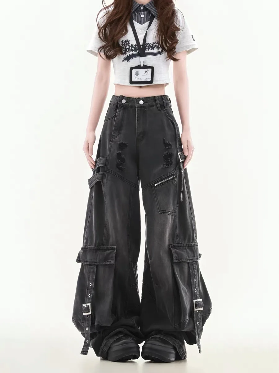

Black Deconstructed Sash Workwear Denim Jeans Women's American Heavyweight Trendy High Street Large Pocket Loose Hole Long Pants