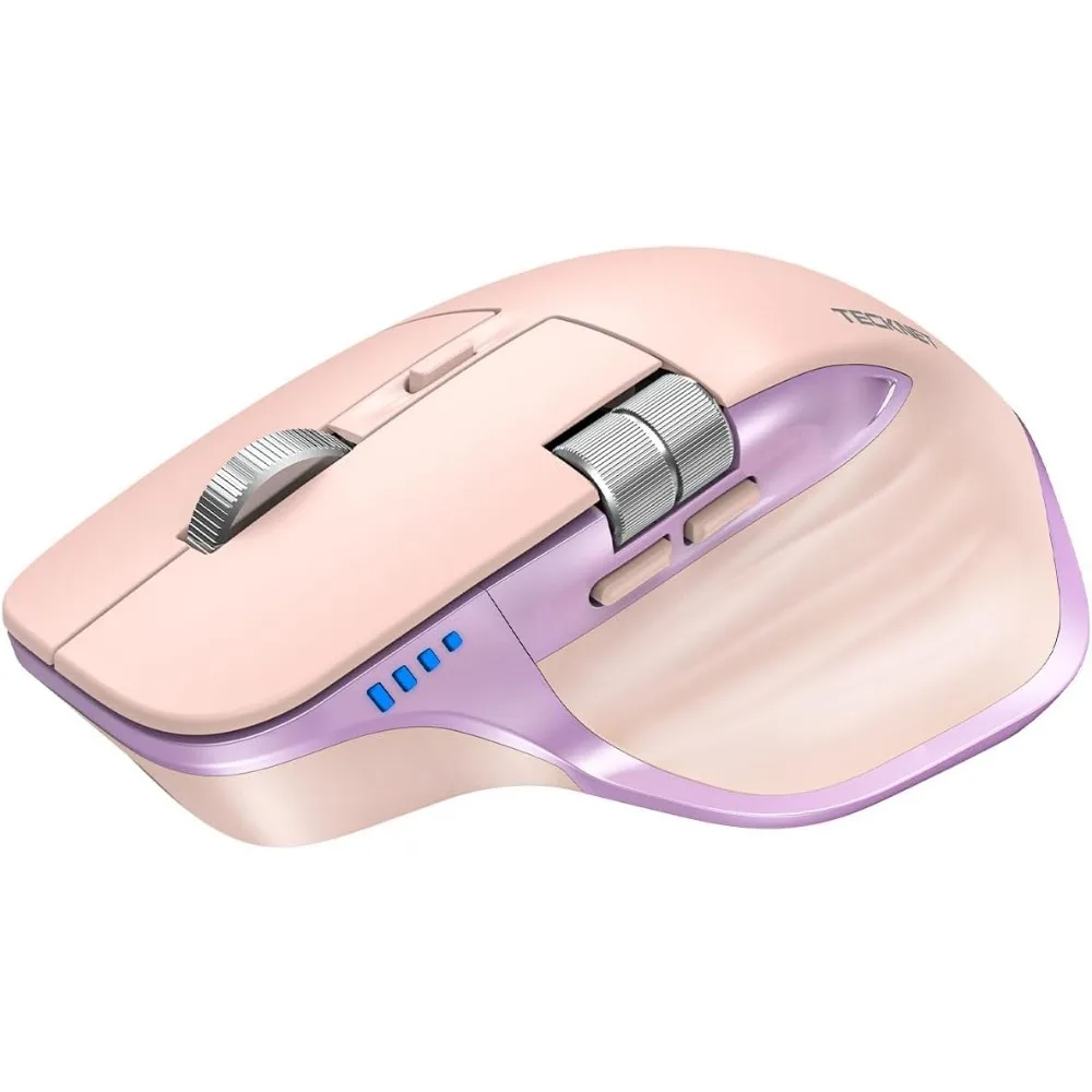 Rechargeable Ergonomic Optical Mouse with Adjustable DPI, Side Scroll, USB Receiver, 7 Buttons - Pink & Purple