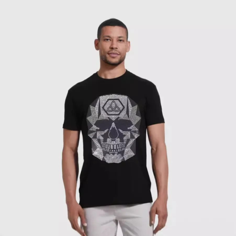 

2025 новые футболки с короткими рукавами и черепом, мужская брендовая одежда, стильная модная мужская уличная одежда со стразами, тонкая футболка с круглым вырезом Homme