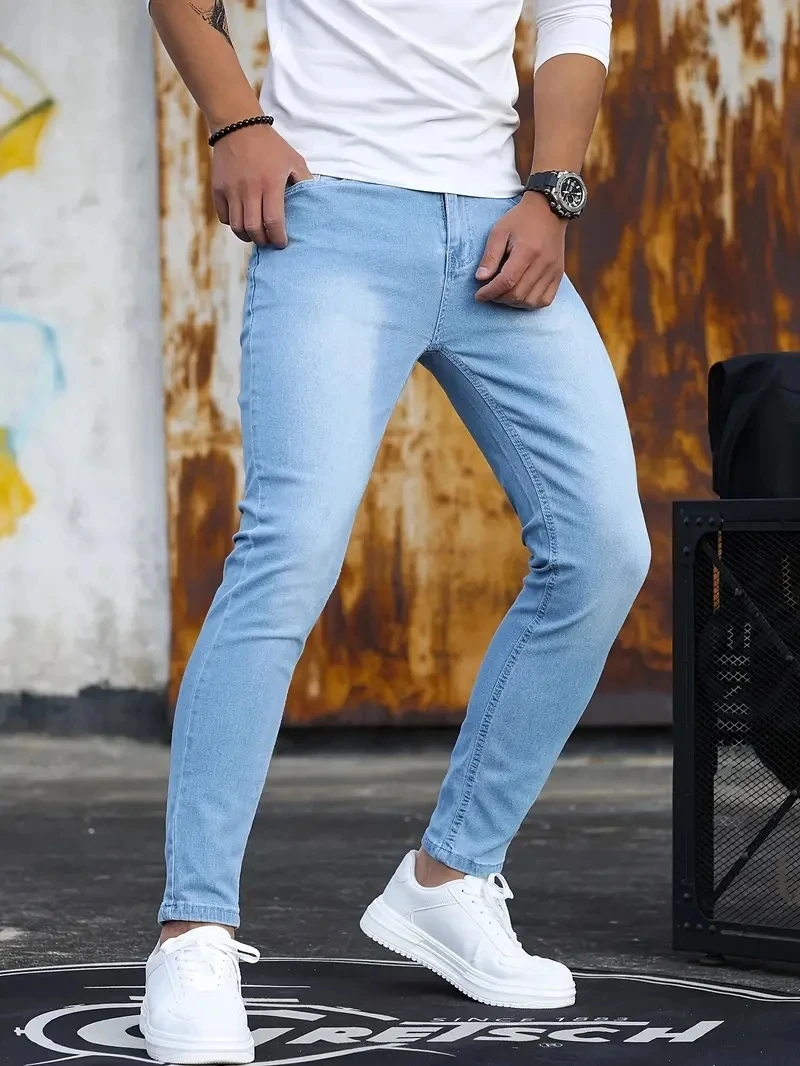 Men Jeans Skyblue Black Zipper Stretch Jeans Casual Slim Fit Trousers Male Plus Size Pencil Pants Denim Skinny Jeans for Men