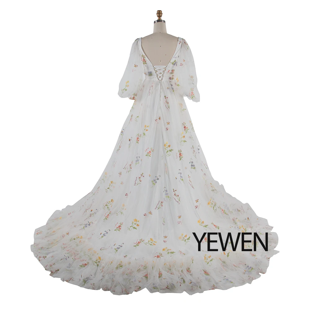 60cm Train Long Puffy Sleeve Embroidered Floral Photography and Maternity Dresses for Wedding Photography Dress YW231050-1