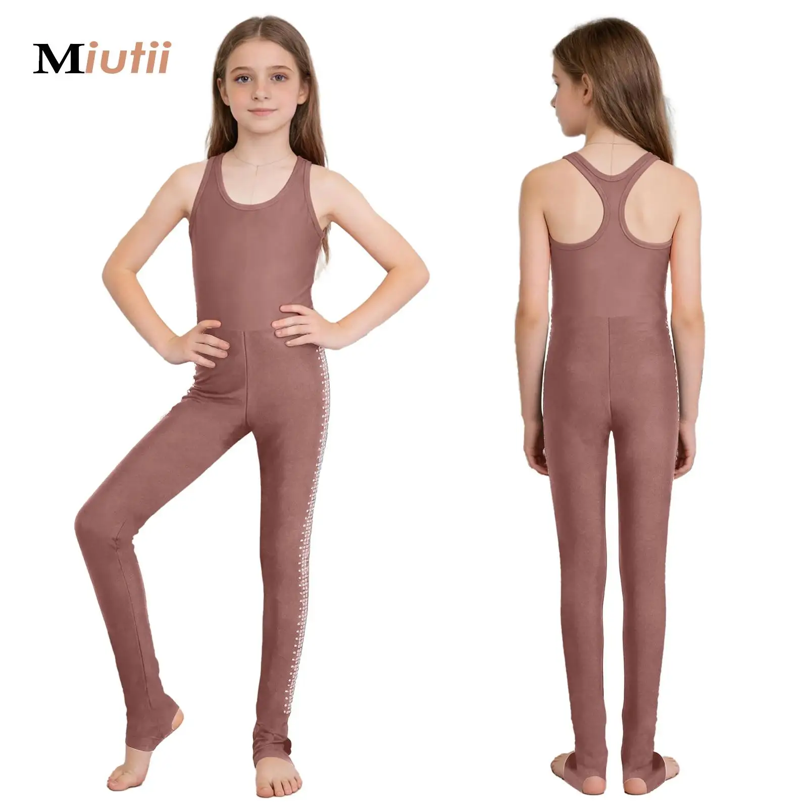 

Kids RhinestonesSleeveless Dance Suit Stirrup Bodysuits Catsuits Unitards Girls Gymnastics Leotard Figure Skating Ballet Clothes