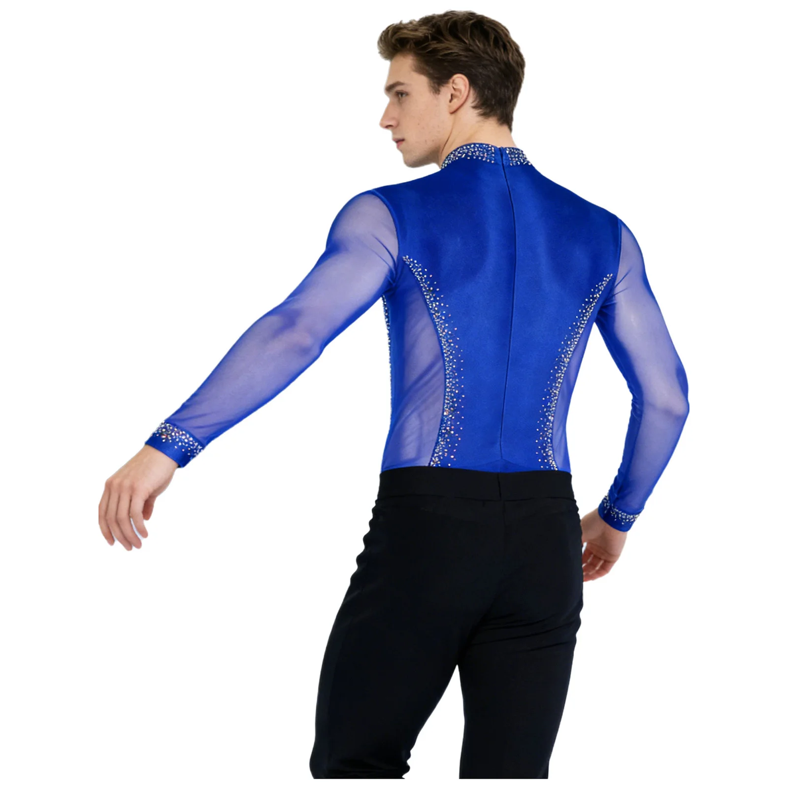 Mens Gymnastics Figure Skating Latin Tango Ballroom Dance Bodysuit Shirts See-Through Mesh Sparkling Rhinestones Leotard Costume