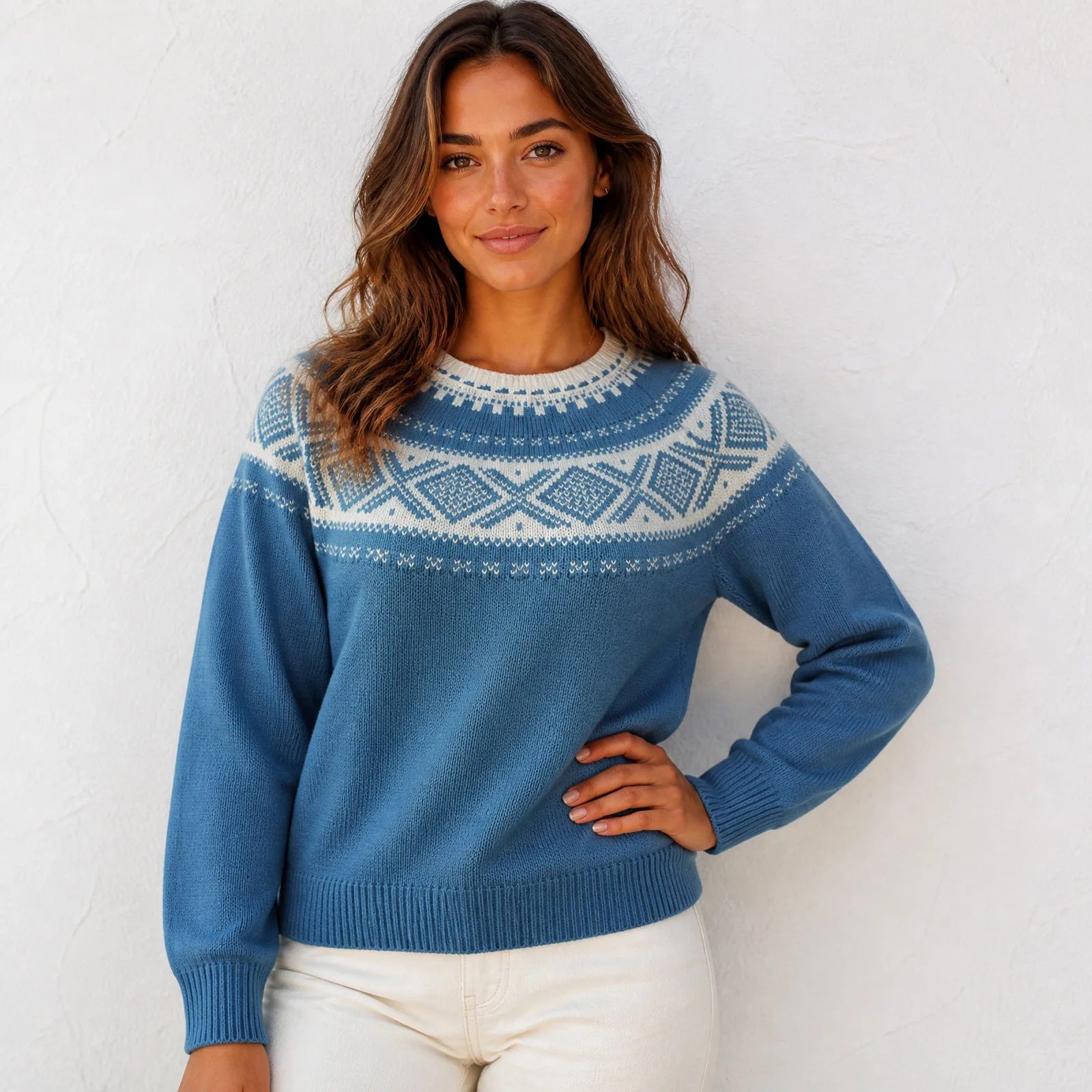Women Vintage Nordic Fair Isle Knit Sweater O Neck Long Sleeve Casual Loose Pullover Autumn Winter Warm Jumper