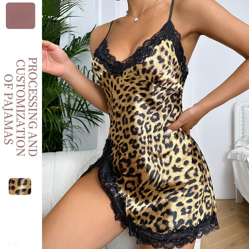 Silk Satin Women Nightgown Sleeveless V Neck Leopard Sleepwear Lace Trim Side Split Nightwear Female Homewear Cloth Pajama Dress