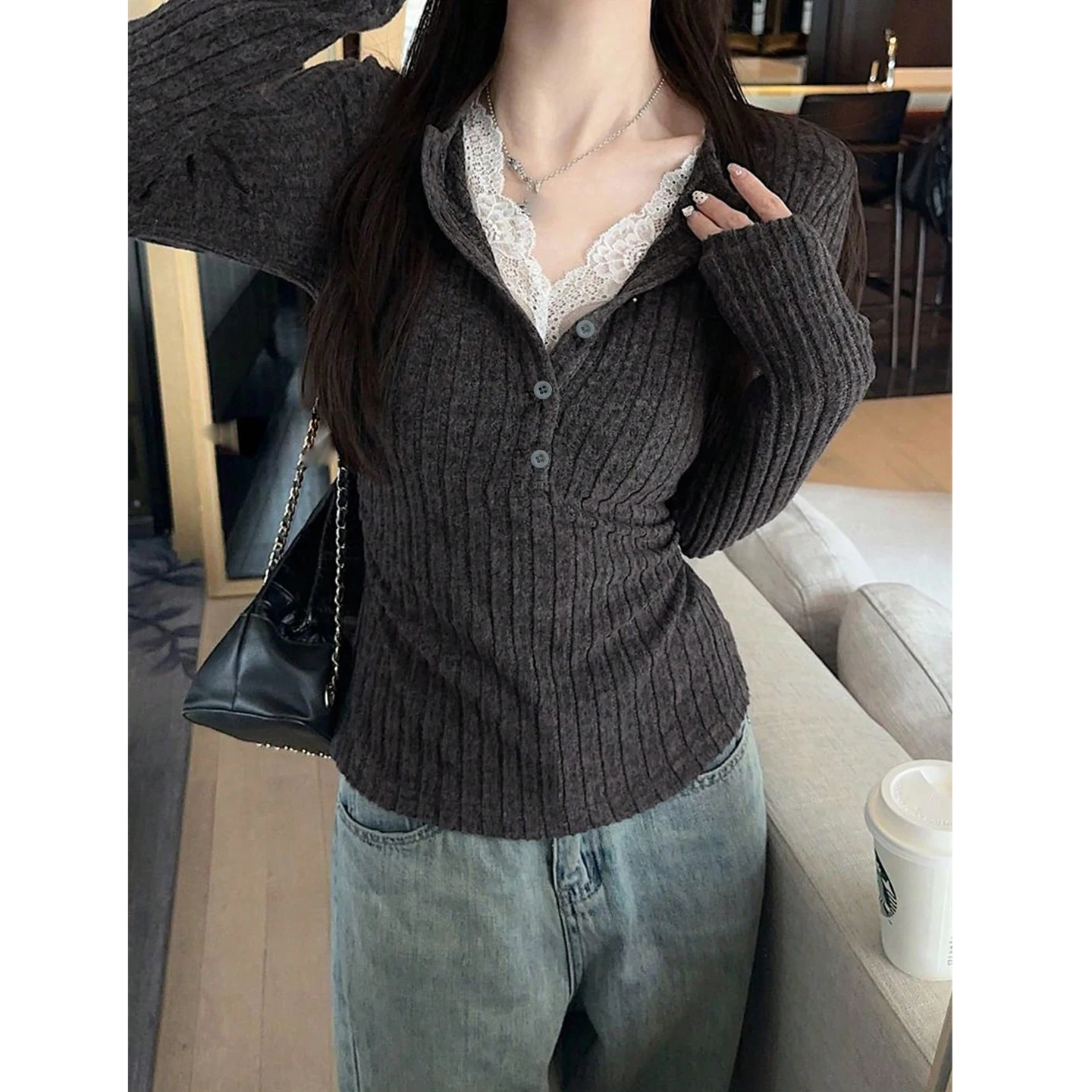 

Slim Fit Long Sve V Ne Knitted Top Women's Faion Spring 2026 Lace Patchwork Two Piece Look Button up Trendy Blouse