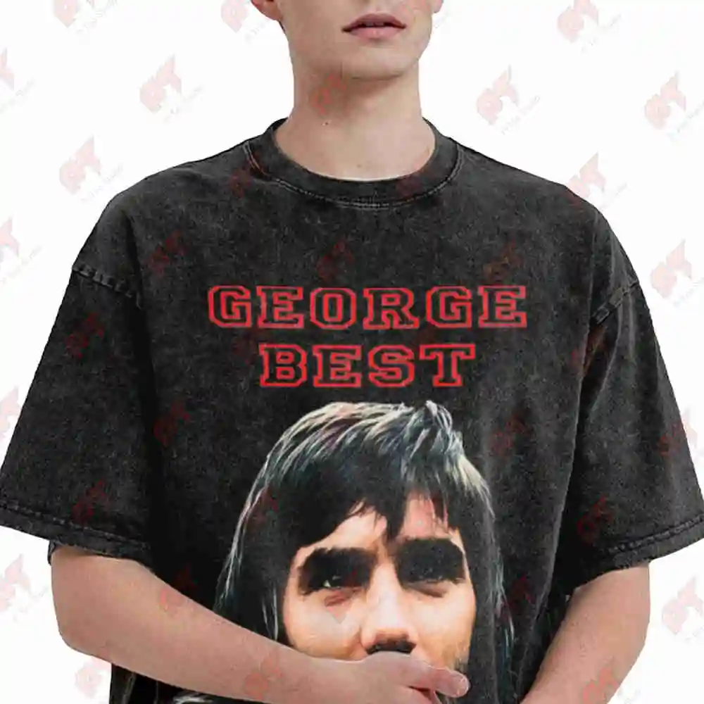 George Best Soccer Autograph Vintage Washed Tee Pure Cotton T-Shirt