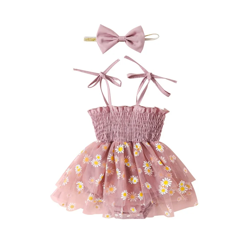 Baby Girls Romper Set Spaghetti Straps Pleated Flower Print Tulle Patchwork A-line Dress with Bowknot Headband