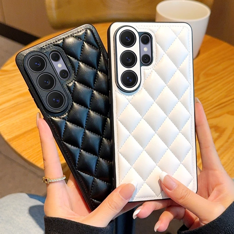 

Leather Diamond Pattern Phone Case For Samsung Galaxy S26 Ultra Plus Solid Color PC Protective Back Cover Shockproof Shell