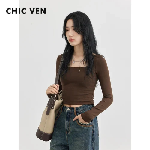 

CHIC VEN New Basic Women Tees Knitted Bottom Shirt V-neck Long Sleeve T-shirt Women Tops Autumn Sping Clothing 2023