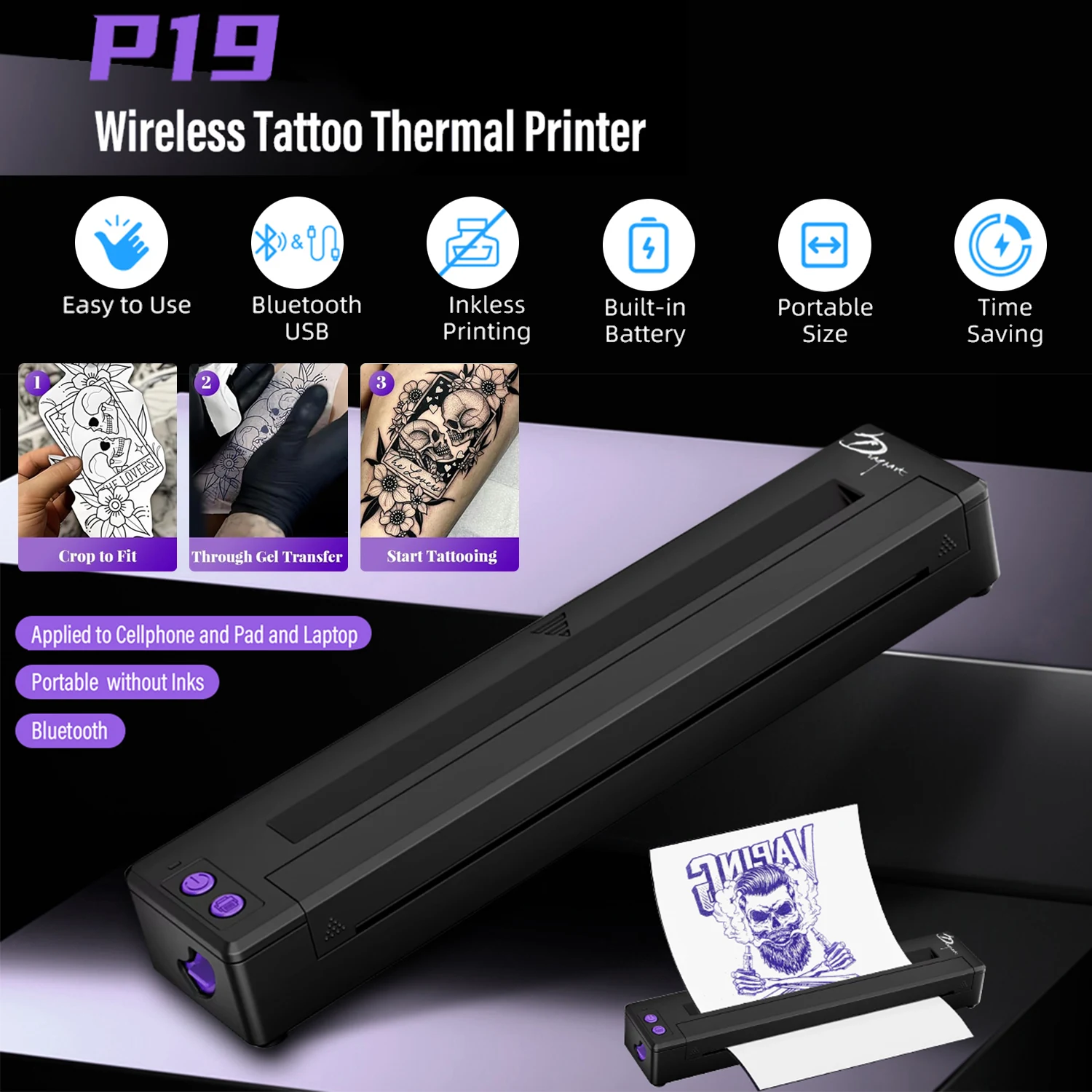 Wireless Bluetooth Tattoo Transfer Machine Quick To Connect To Mobile Phone Display P19-Tattoo Stencil Printer Thermal Printer