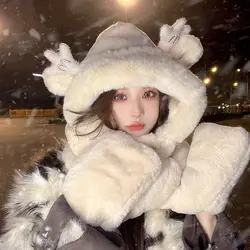 Little Bear Hat Scarf One Piece Adult Women's Winter Gloves Three in One Longbao Thickened Cycling Hairy Korean Version