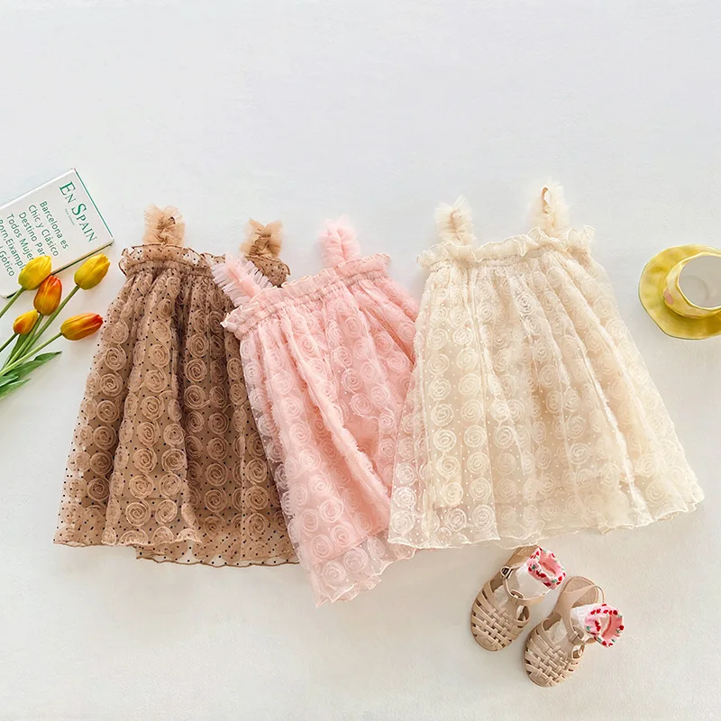 

Summer Cute Baby Girl Clothes Solid Color Three Dimensional Rose Flower Sling Mesh Baby Dress Banque Princess Clothing For Girls