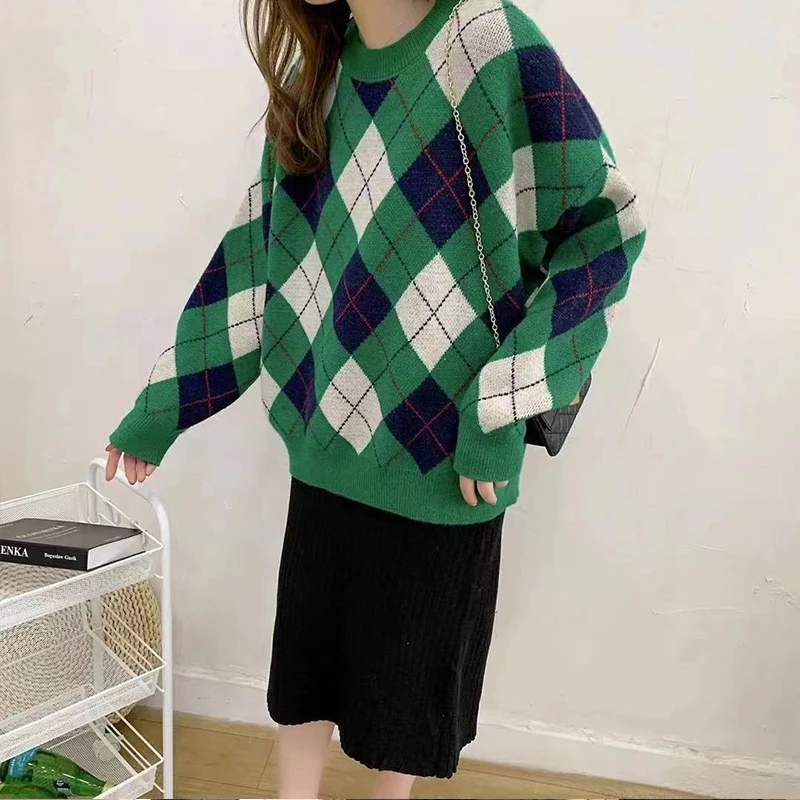 DAYIFUN-Sweater Women's Round Neck,Colorblock Plaid Knitted Pullover,Autumn,Winter,Korean Loose Long-sleeved Knit Jumpers,Inside