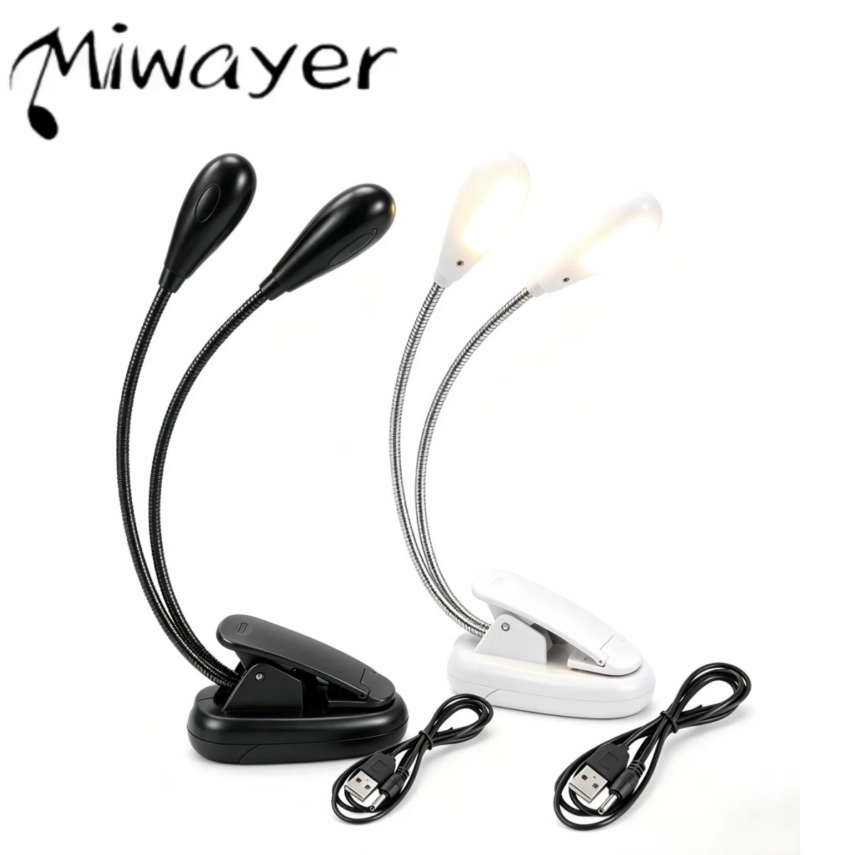 Miwayer Clip-on LED Book Light Black/White, 2 Arms Gooseneck 4 LEDs Reading Lamp USB/AAA Battery Operated for Music Stand