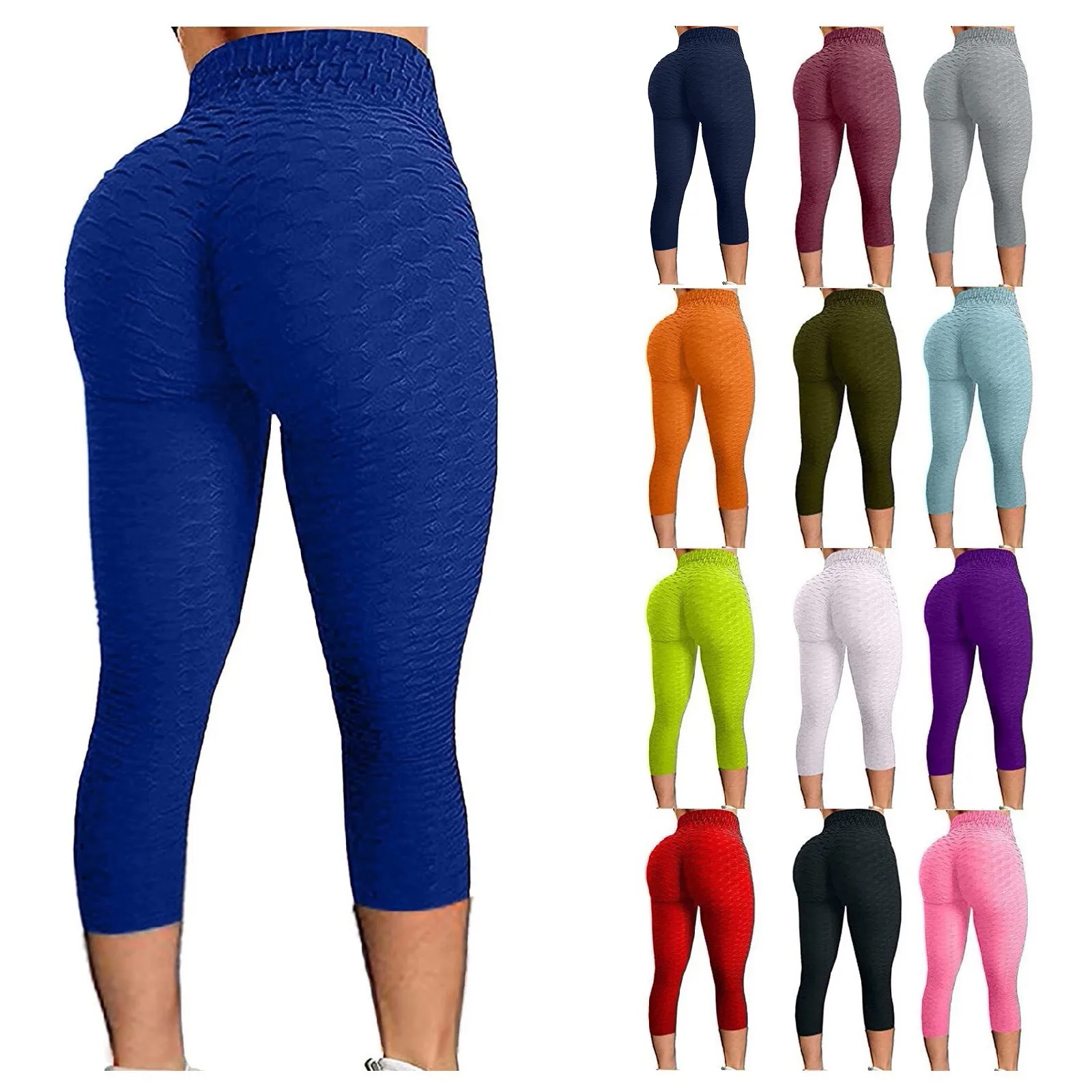 Women\'s Jacquard Bubble Hip Lifting Sports Fitness Running High Waist Yoga Running Capris Control Workout Pants