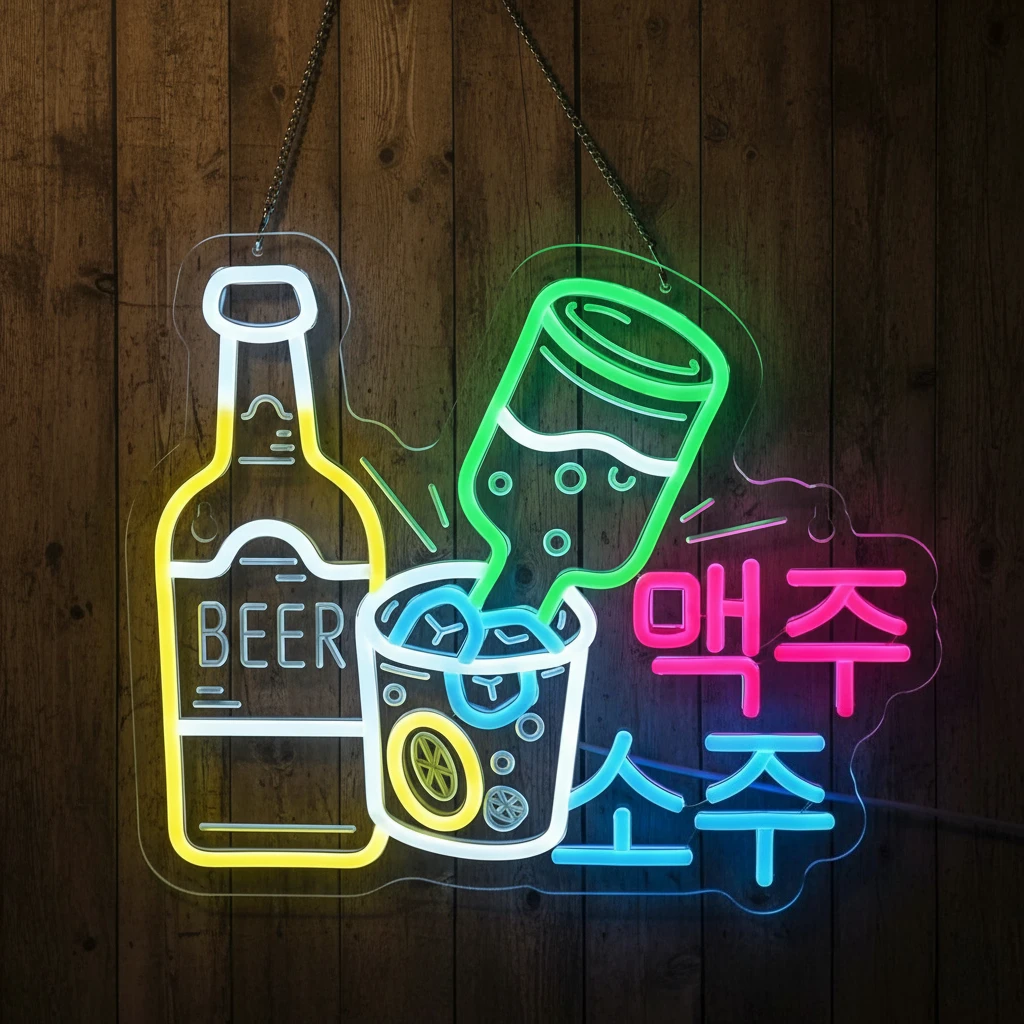 Korean Soju Beer Neon Sign USB Powered Lights LED Dimmable for Izakaya Restaurant Bar Karaoke Shop Restaurant Man Cave Decor
